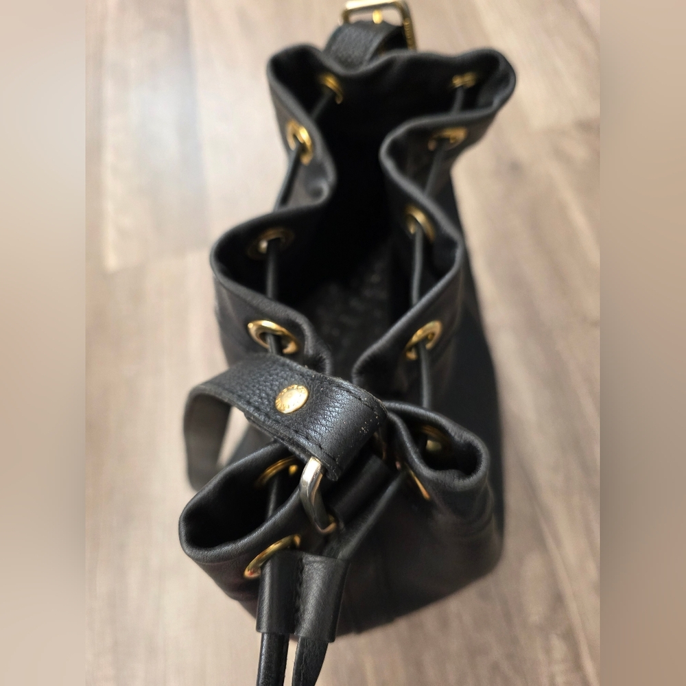 LONGCHAMP BUCKET BAG Black Leather Drawstring 2000s Vintage Designer Y2K - Picture 8 of 15